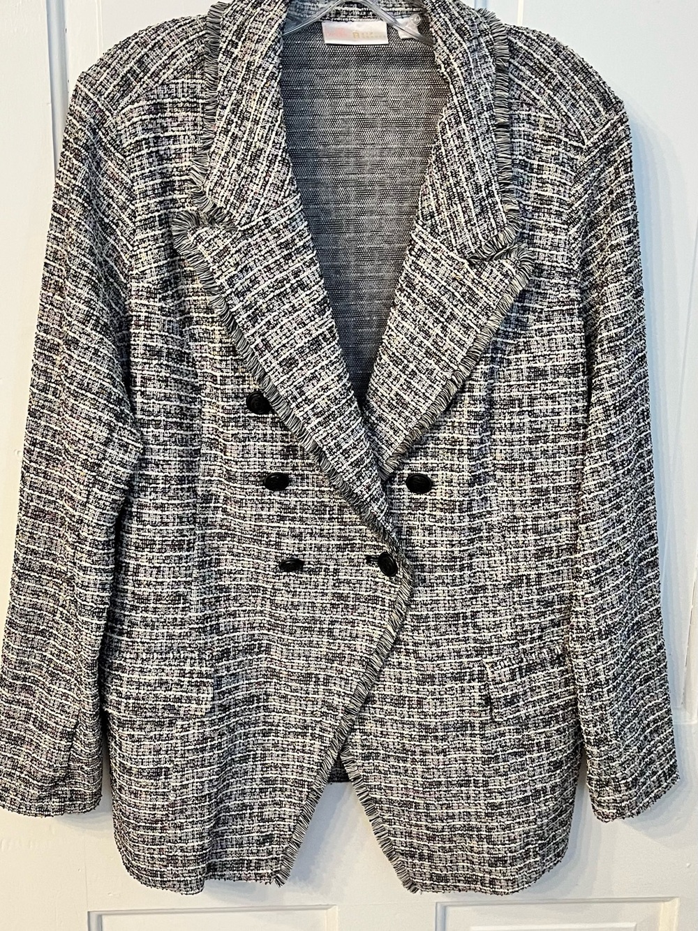 Belle by Kim Gravel Tweed Jacket Fringed Trim Long Sleeves